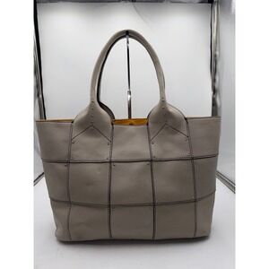 Oryany Taupe Grey Pebble Leather Studded Tote Bag Yellow Interior